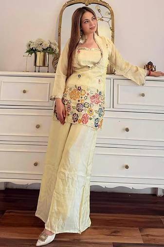 women's silk embroidered kurta palazzo set
