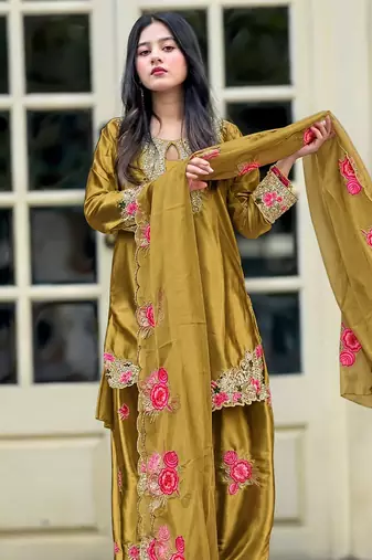 women's silk embroidered farshi salwar suit with dupatta set