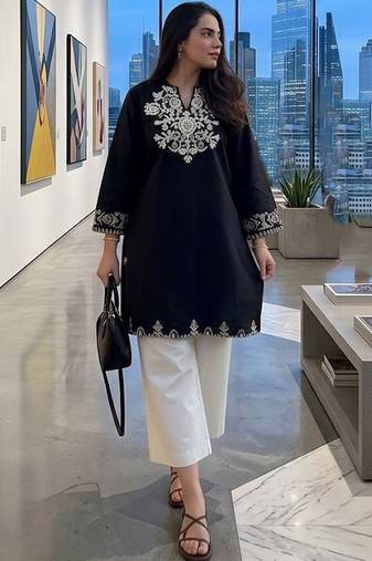 women's cotton blend embroidered kurta palazzo set