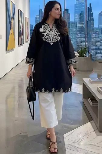 women's cotton blend embroidered kurta palazzo set