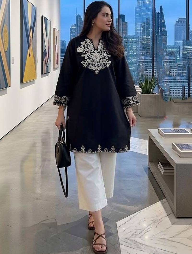 women's cotton blend embroidered kurta palazzo set