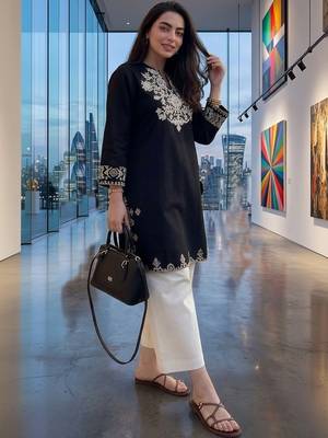 women's cotton blend embroidered kurta palazzo set 2