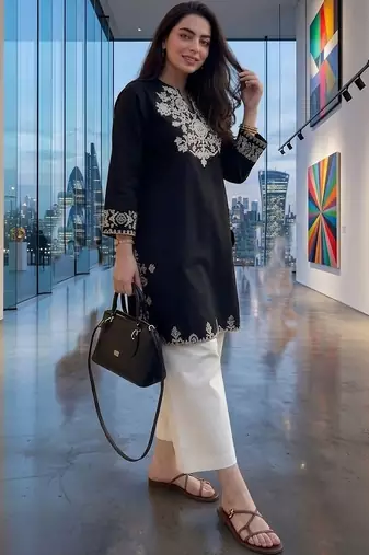 women's cotton blend embroidered kurta palazzo set