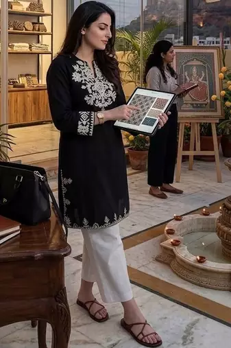 women's cotton blend embroidered kurta palazzo set