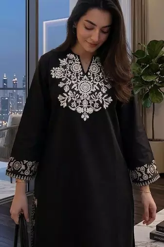 women's cotton blend embroidered kurta palazzo set