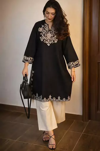 women's cotton blend embroidered kurta palazzo set