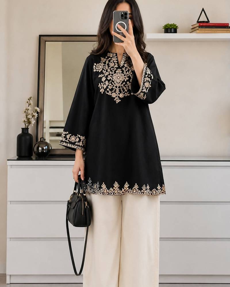 women's cotton blend embroidered kurta palazzo set