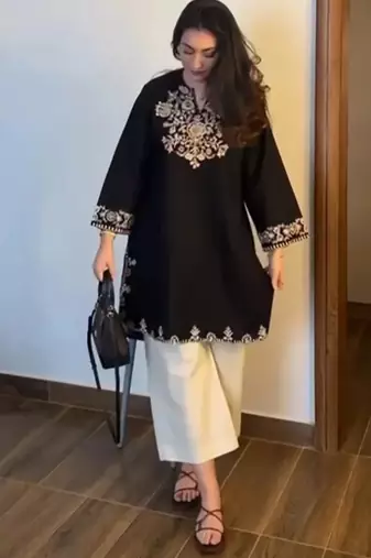 women's cotton blend embroidered kurta palazzo set