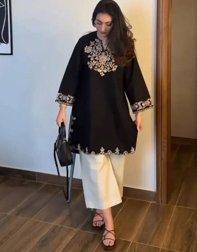women's cotton blend embroidered kurta palazzo set