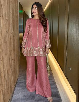 women's shimmer silk embroidered kurta palazzo set 1