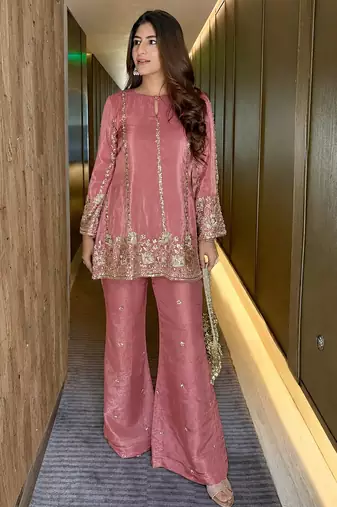 women's shimmer silk embroidered kurta palazzo set