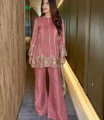 women's shimmer silk embroidered kurta palazzo set