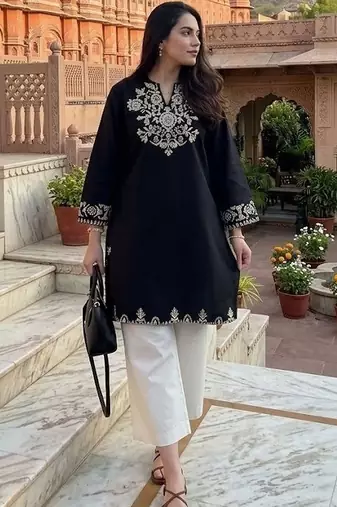 women's cotton blend embroidered kurta palazzo set