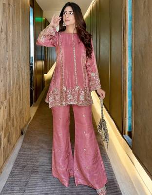 women's shimmer silk embroidered kurta palazzo set 2