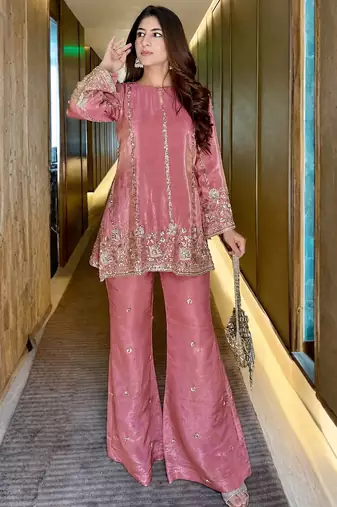 women's shimmer silk embroidered kurta palazzo set