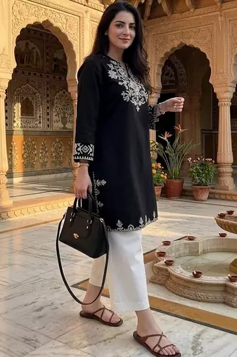 women's cotton blend embroidered kurta palazzo set