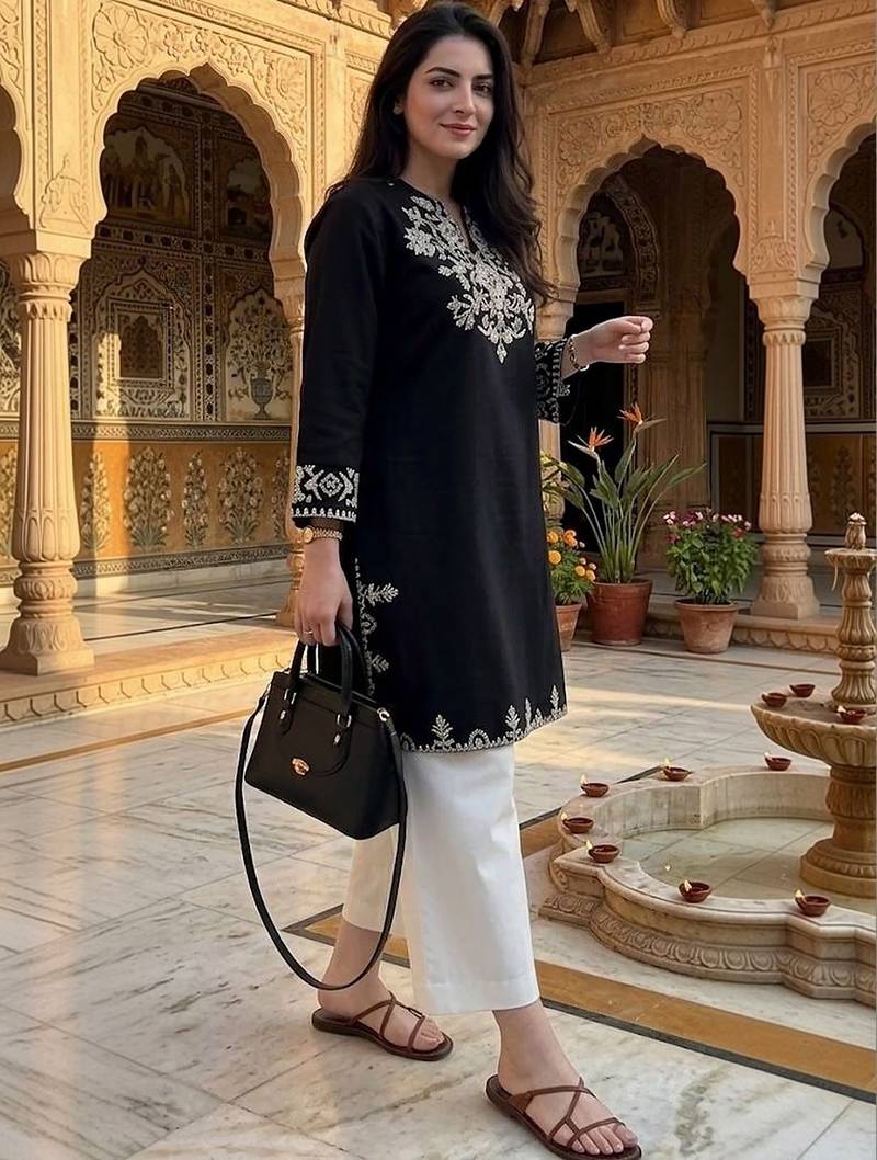 women's cotton blend embroidered kurta palazzo set