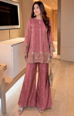 women's shimmer silk embroidered kurta palazzo set 3
