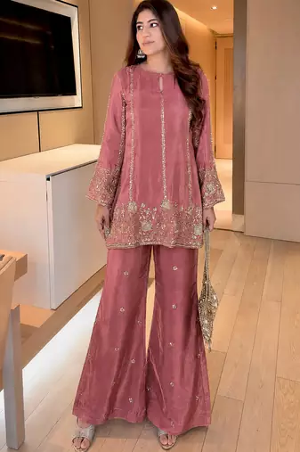 women's shimmer silk embroidered kurta palazzo set