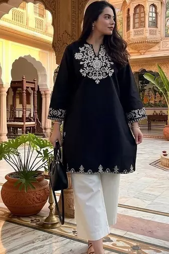 women's cotton blend embroidered kurta palazzo set