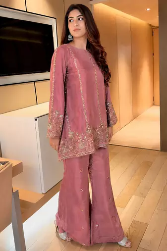 women's shimmer silk embroidered kurta palazzo set