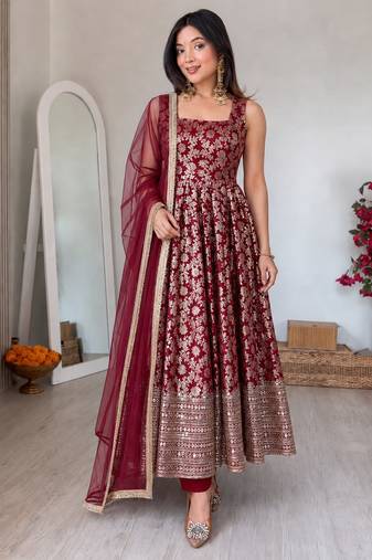 women's chanderi woven motiff anarkali kurta pant with dupatta set