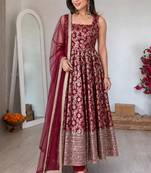 women's chanderi woven motiff anarkali kurta pant with dupatta set