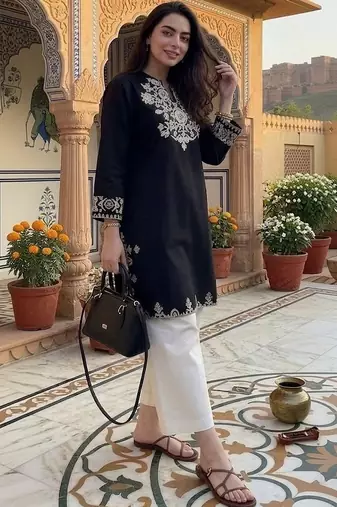 women's cotton blend embroidered kurta palazzo set