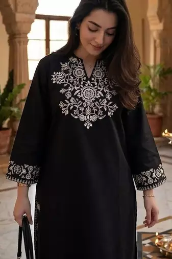 women's cotton blend embroidered kurta palazzo set