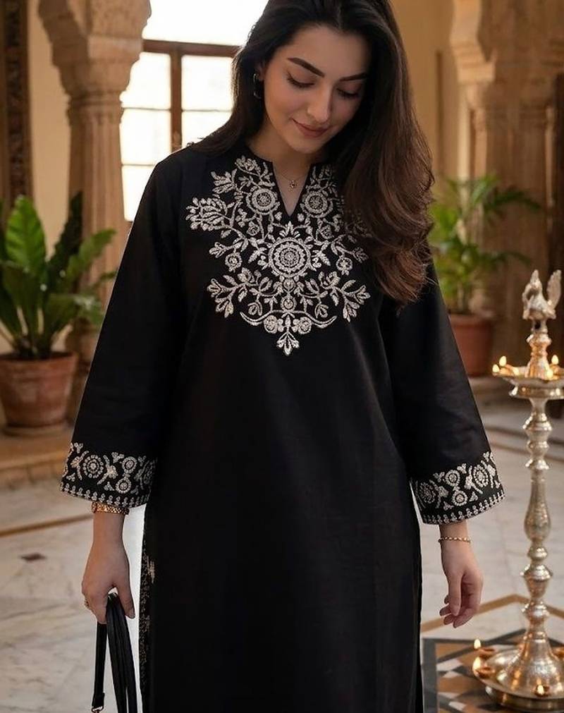 women's cotton blend embroidered kurta palazzo set