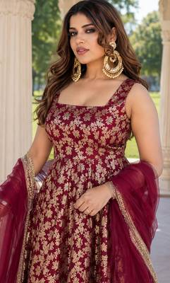 women's chanderi woven motiff anarkali kurta pant with dupatta set 1