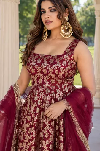 women's chanderi woven motiff anarkali kurta pant with dupatta set