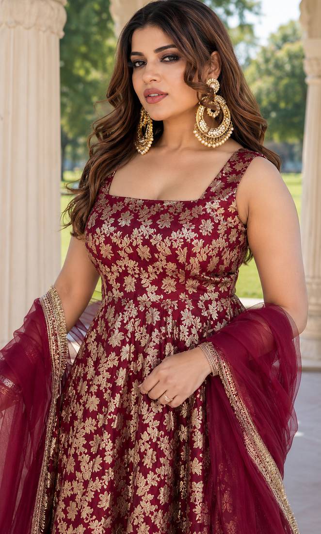 women's chanderi woven motiff anarkali kurta pant with dupatta set