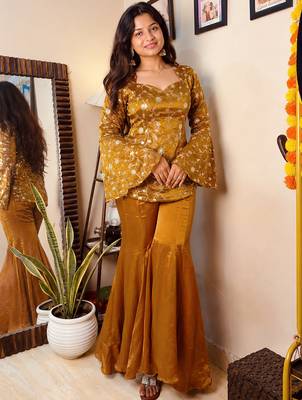 women's shimmer silk embroidered kurta palazzo set 1