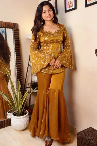 women's shimmer silk embroidered kurta palazzo set