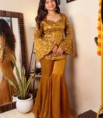 women's shimmer silk embroidered kurta palazzo set
