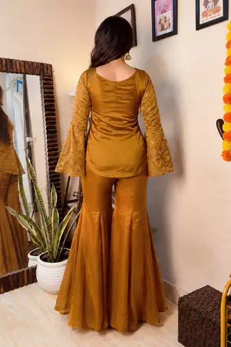 women's shimmer silk embroidered kurta palazzo set