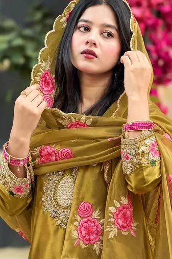 women's silk embroidered farshi salwar suit with dupatta set