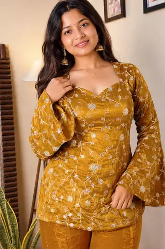 women's shimmer silk embroidered kurta palazzo set