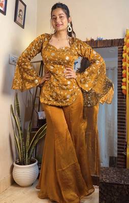 women's shimmer silk embroidered kurta palazzo set 1