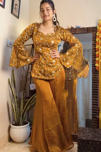 women's shimmer silk embroidered kurta palazzo set