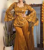 women's shimmer silk embroidered kurta palazzo set