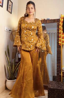 women's shimmer silk embroidered kurta palazzo set 2