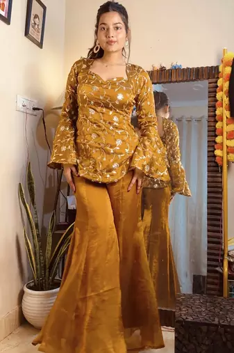 women's shimmer silk embroidered kurta palazzo set