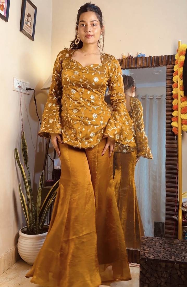 women's shimmer silk embroidered kurta palazzo set