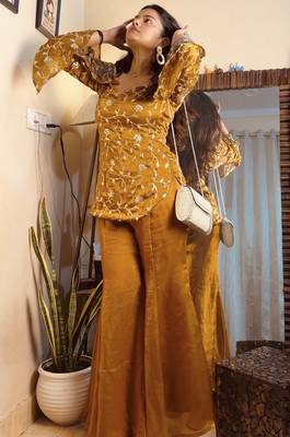 women's shimmer silk embroidered kurta palazzo set 3