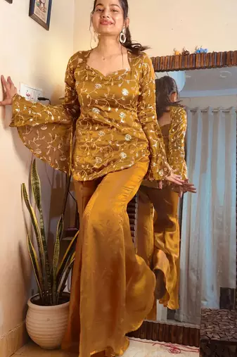 women's shimmer silk embroidered kurta palazzo set