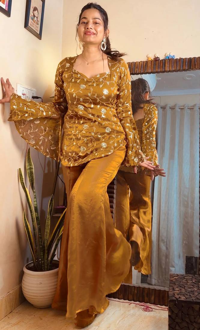 women's shimmer silk embroidered kurta palazzo set