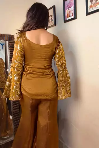 women's shimmer silk embroidered kurta palazzo set