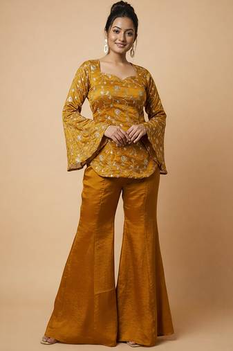 women's shimmer silk embroidered kurta palazzo set